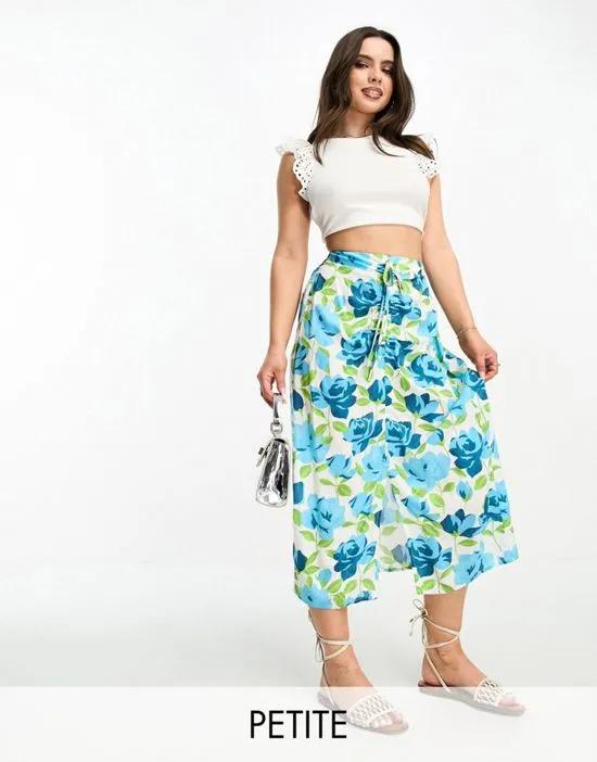 Petite ruched front midi skirt in oversized blue rose