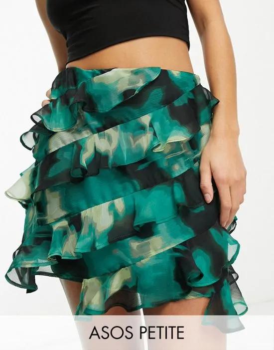 Petite ruffle chiffon mini skirt in green abstract print