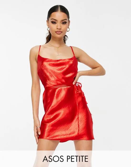 Petite satin cami tie waist mini dress in red