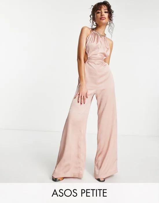 Petite satin ruched neck cut out jumpsuit in taupe