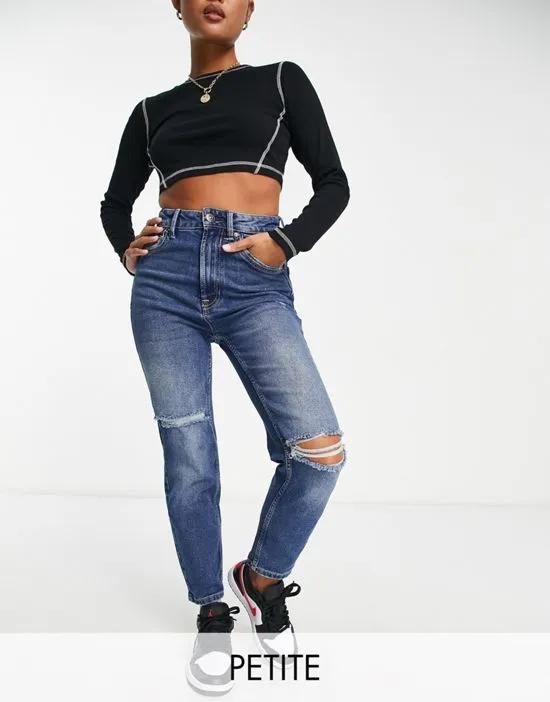 Petite slim mom jeans with stretch and rips in medium blue