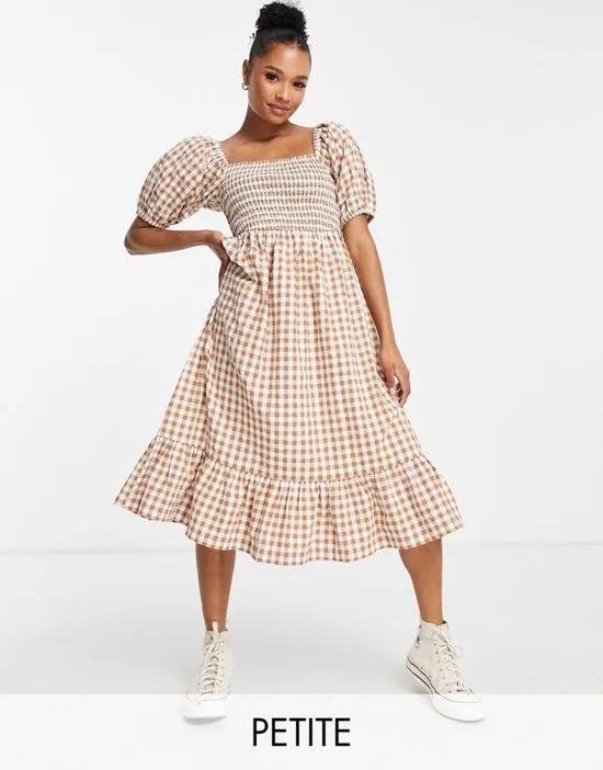 Petite square neck puff sleeve beach dress in brown check