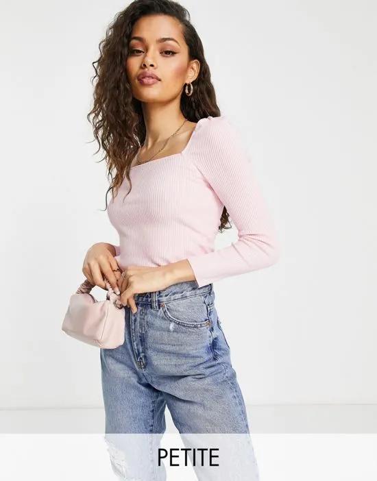Petite square neck puff sleeve sweater in pink
