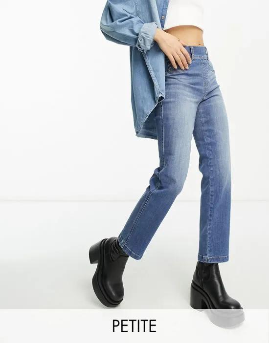 Petite straight leg jeans in mid wash
