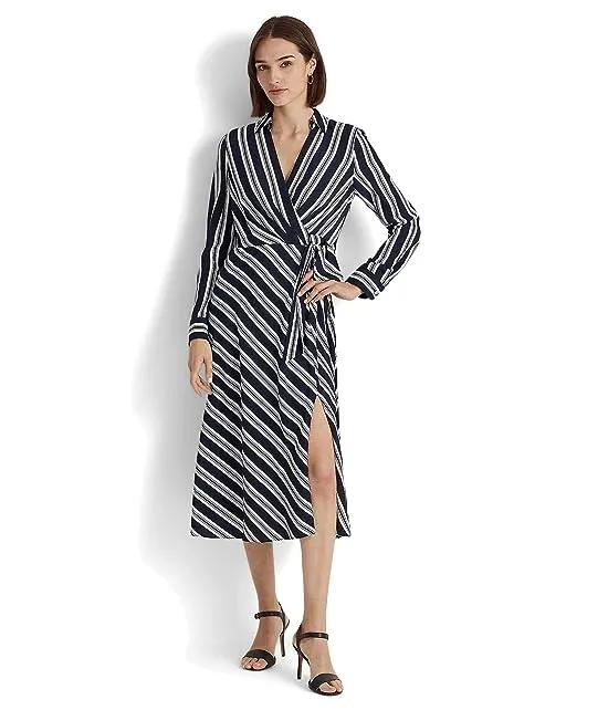 Petite Striped Tie Front Crepe Midi Dress