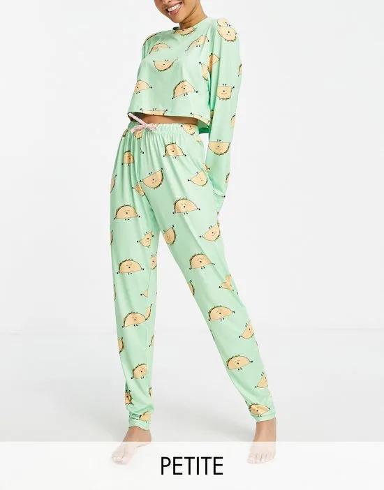 Petite taco crop top and legging pajama set in green