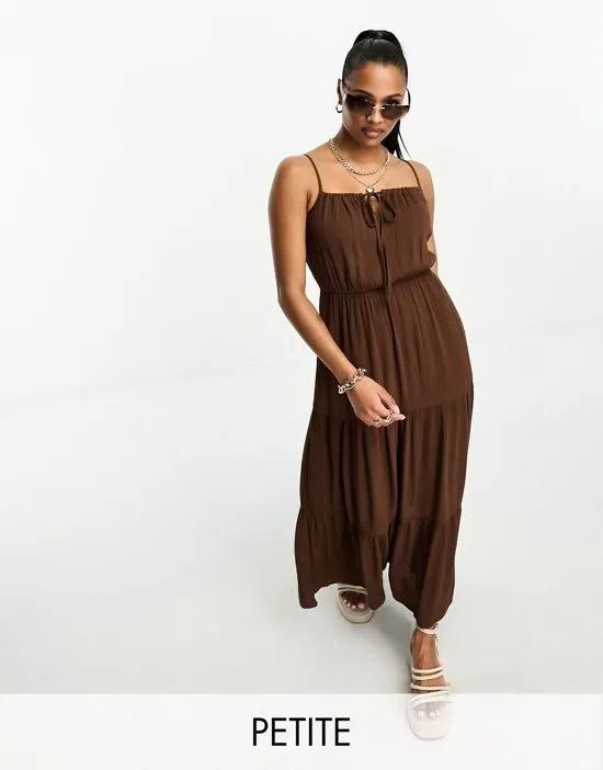 Petite textured strappy shirred waist maxi sundress in chocolate