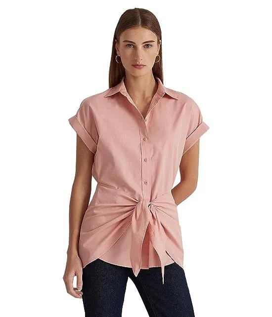 Petite Tie Front Cotton Broadcloth Shirt