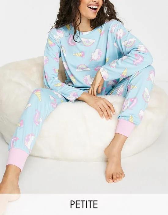 Petite unicorn rainbow long pajama set in blue