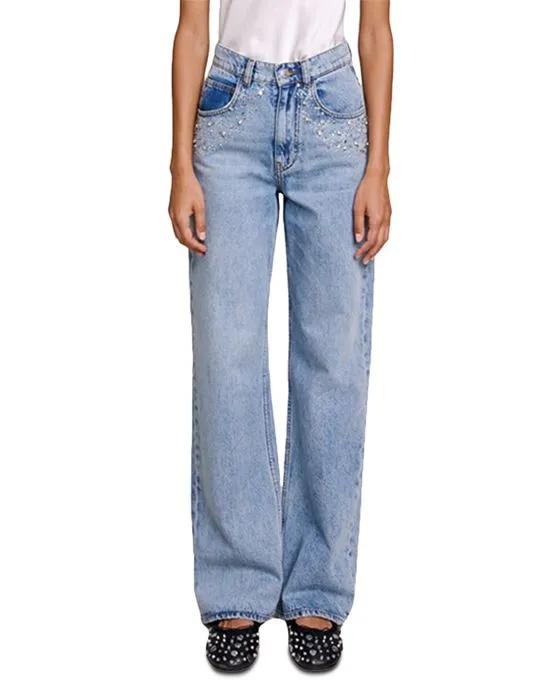 Petoile Rhinestone Straight Leg Jeans in Blue