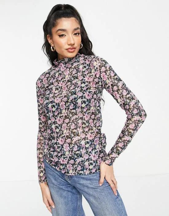 Philly printed mesh roll neck top in purple