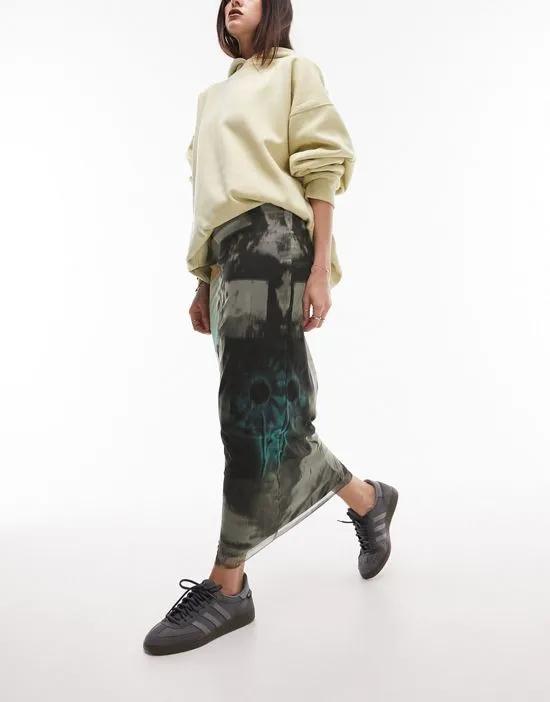 photographic mesh midi skirt in multi