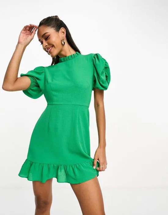 pie crust neck puff sleeve mini tea dress in bright green