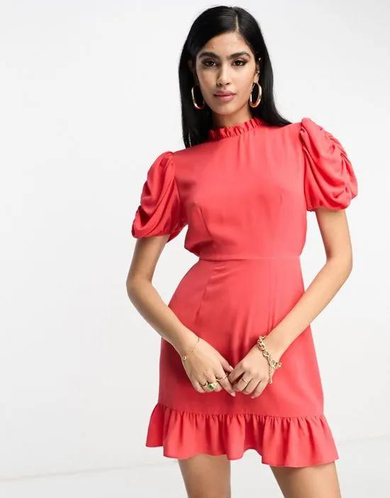 pie crust neck puff sleeve mini tea dress in bright red