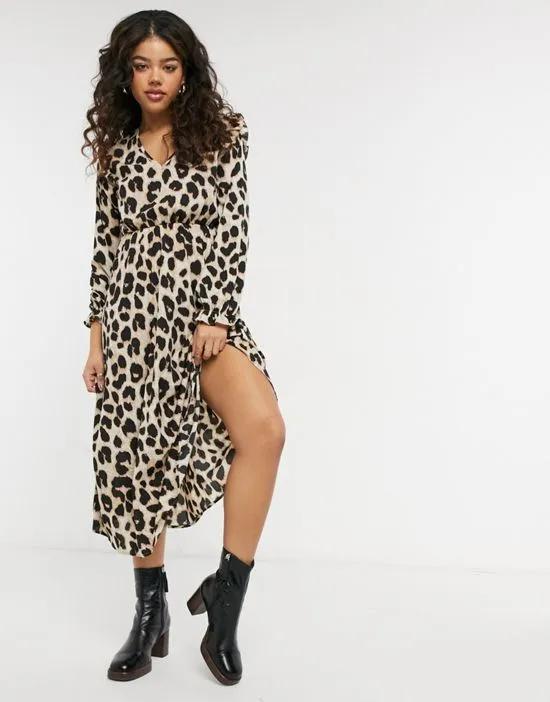 Pieces midi dress with ruffle shoulders in leopard print