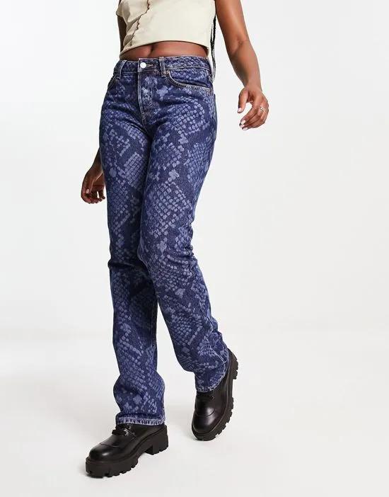 Pin mid rise straight leg jeans in laser snake print