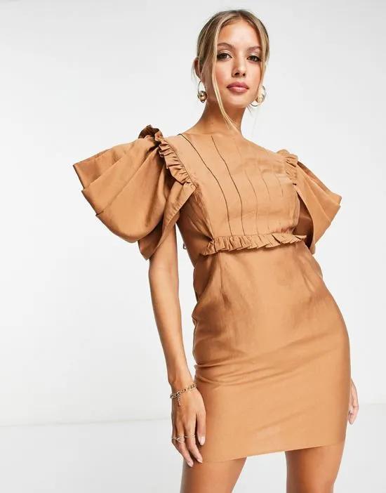 pin tuck mini dress with puff sleeve & cut out waist detail in tan