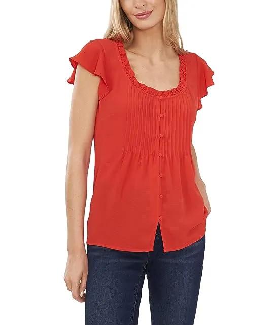 Pin Tuck Ruffled Button Front Blouse