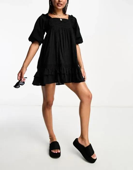 pin tuck volume broidery mini summer dress in black