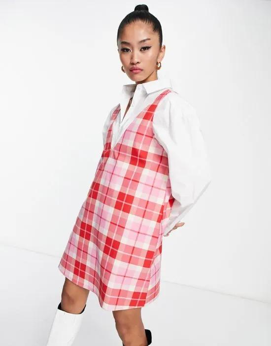 pinafore mini dress in red and pink check