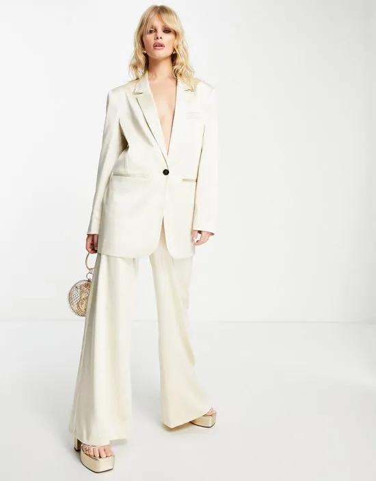 pinstripe satin high waisted wide leg suit pants in cream