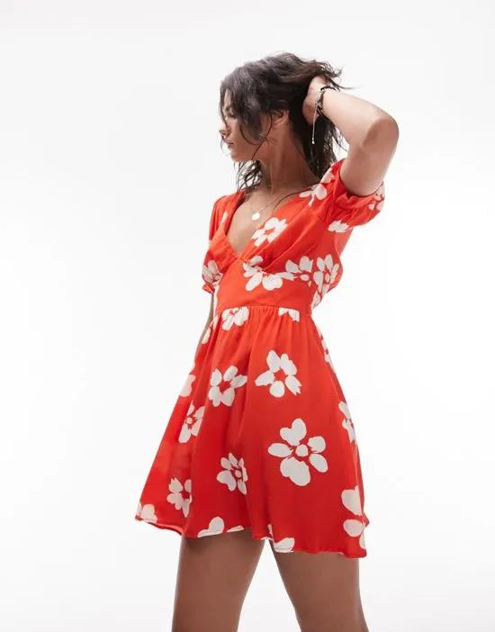 piped V-neck tea dress in red floral