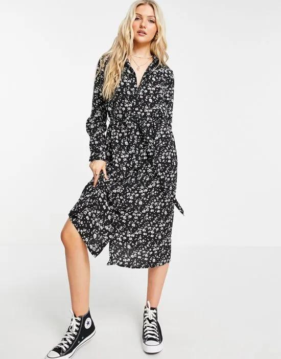 Piper long sleeve woven midi dress in white floral print