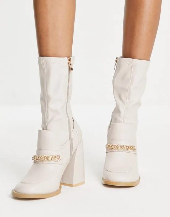 Piper slim block heel loafer boots in cream