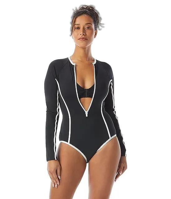 Piping Solid Sculpt Long Sleeve Zip Front One-Piece Swim Suit