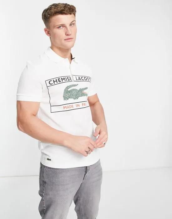 pique polo with large logo print in white
