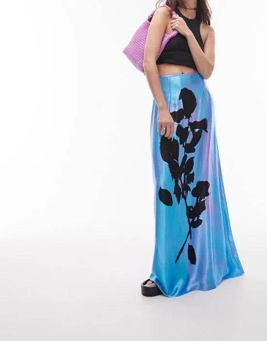 placement shadow print maxi skirt in blue