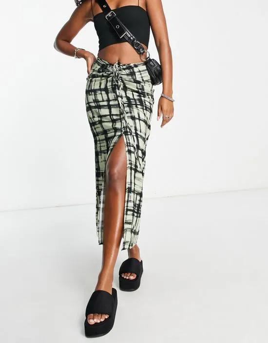 plaid gathered front midi skirt in black