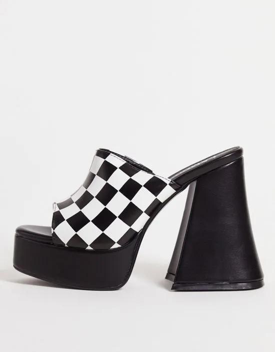 platform mule heel sandals in checkerboard print