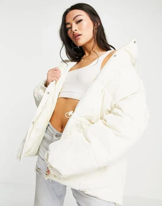 Playboy cinched waist hooded puffer jacket in stone