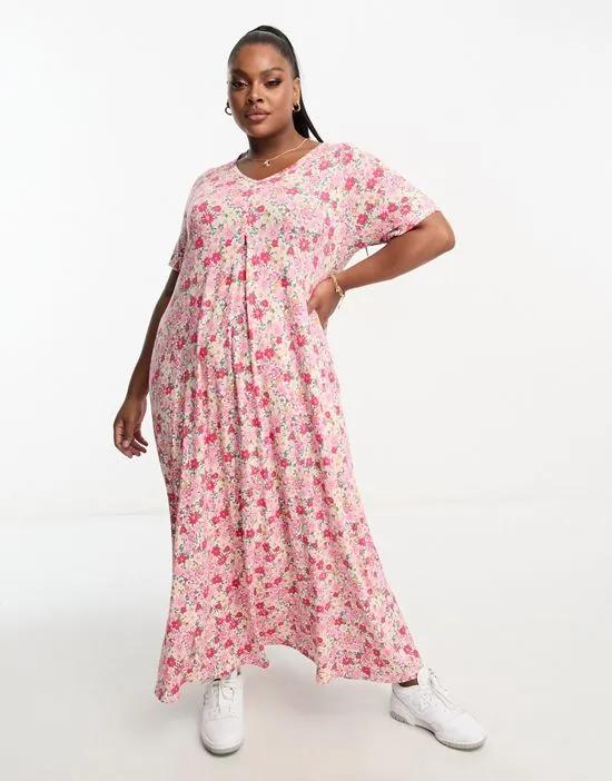 pleat front maxi dress in pink floral