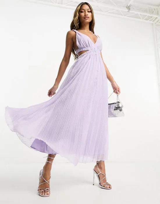 pleat plunge neck midi dress with elasticated straps and back in lilac