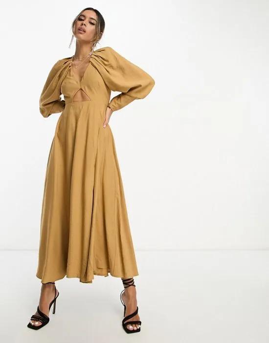 pleat shoulder midi dress with cut out back in camel