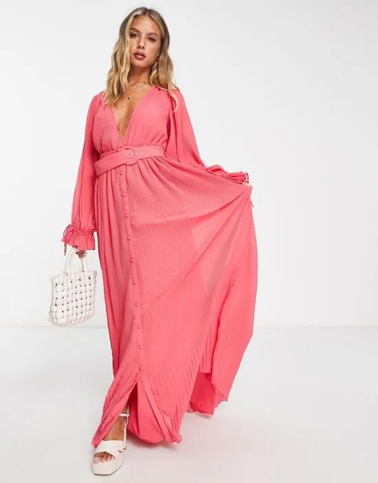 pleated blouson sleeve maxi dress with belt detail in pink