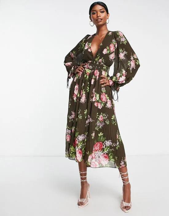 pleated blouson sleeve midi dress with belt detail in floral print