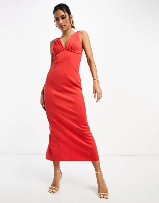 pleated bust body-conscious midi dress in red