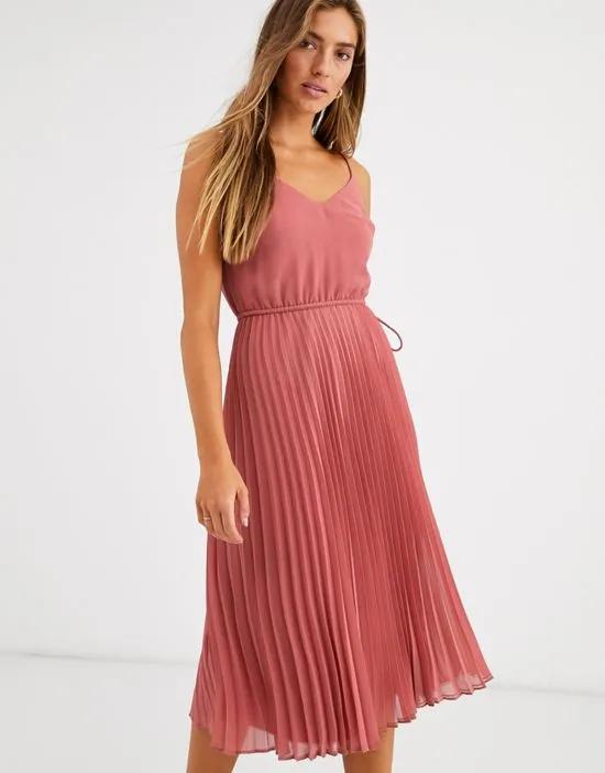 pleated cami midi dress with drawstring waist in dark pink