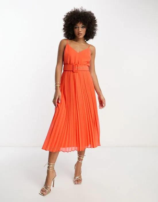 pleated cami midi dress with self-covered belt in hot orange