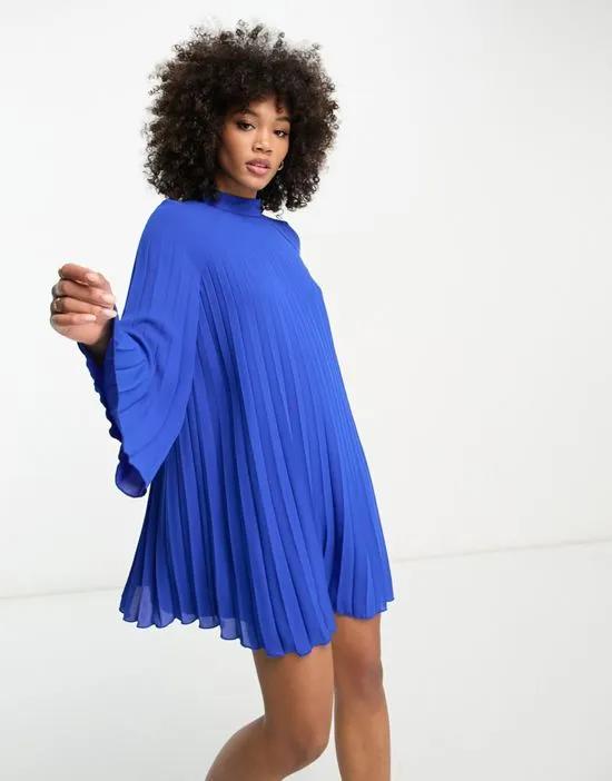 pleated high neck dress in blue