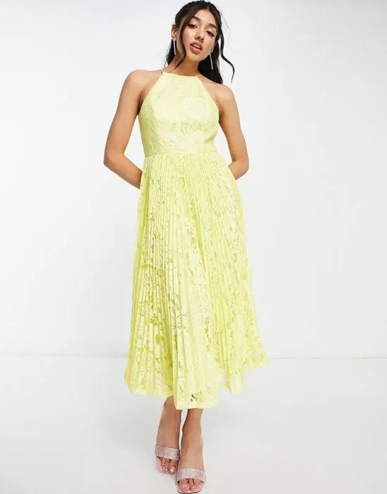 pleated lace midi prom dress in yellow