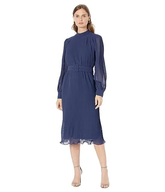 Pleated Midi Dress with Belt and Buckle