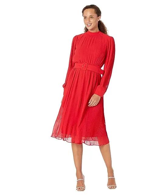 Pleated Midi Dress with Belt and Buckle