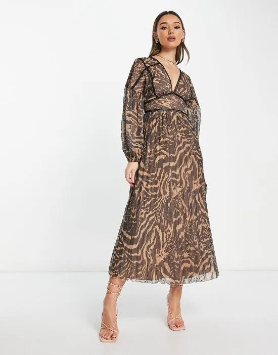 pleated midi dress with trims in animal print