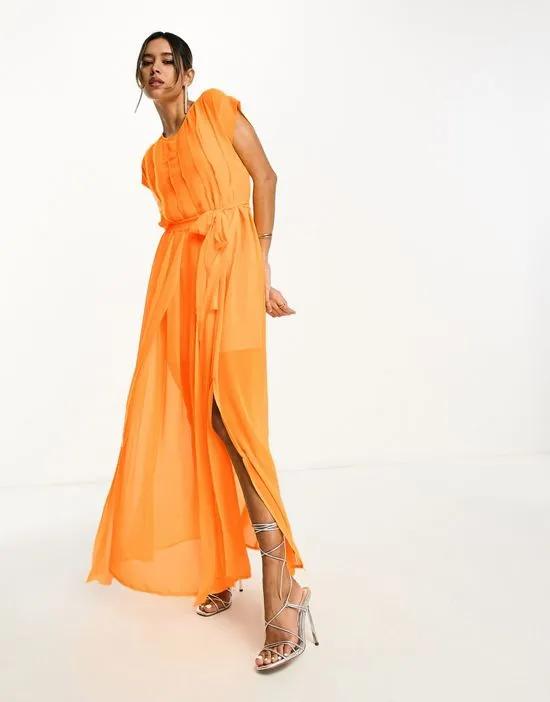 pleated raw edge maxi dress in neon orange