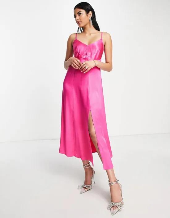 pleated satin midi dress in fuchsia pink