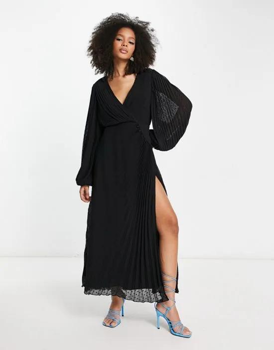pleated textured chiffon wrap button detail maxi dress in black